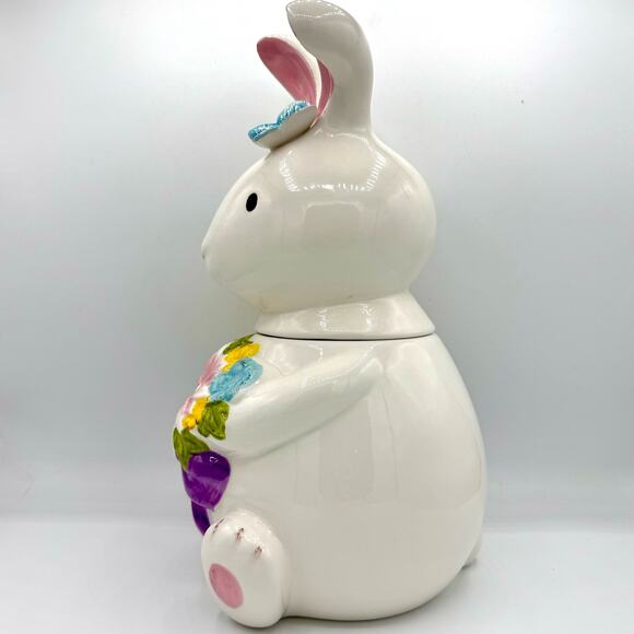 Pier 1 Imports China Easter Bunny Cookie Jar White Spring Flowers - Picture 4 of 7